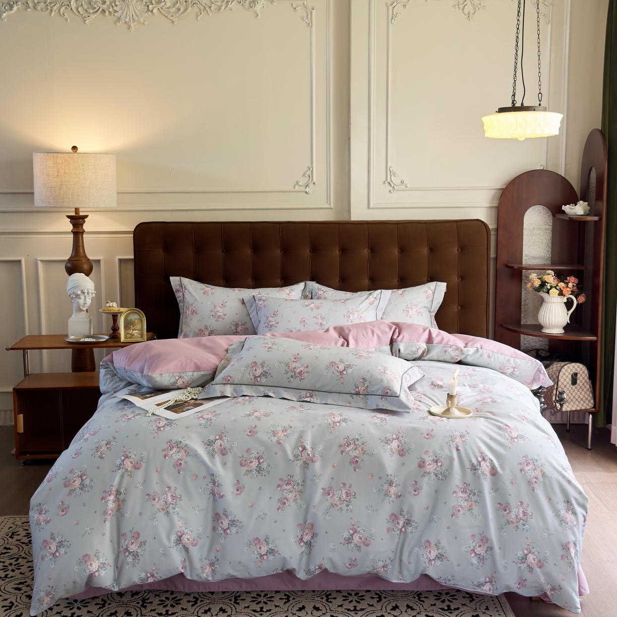 91家纺网 家纺一手货源 找家纺 由丽家纺 2025新款亲肤舒适全棉纯棉臻棉数码印花四件套系列 金溪-灰