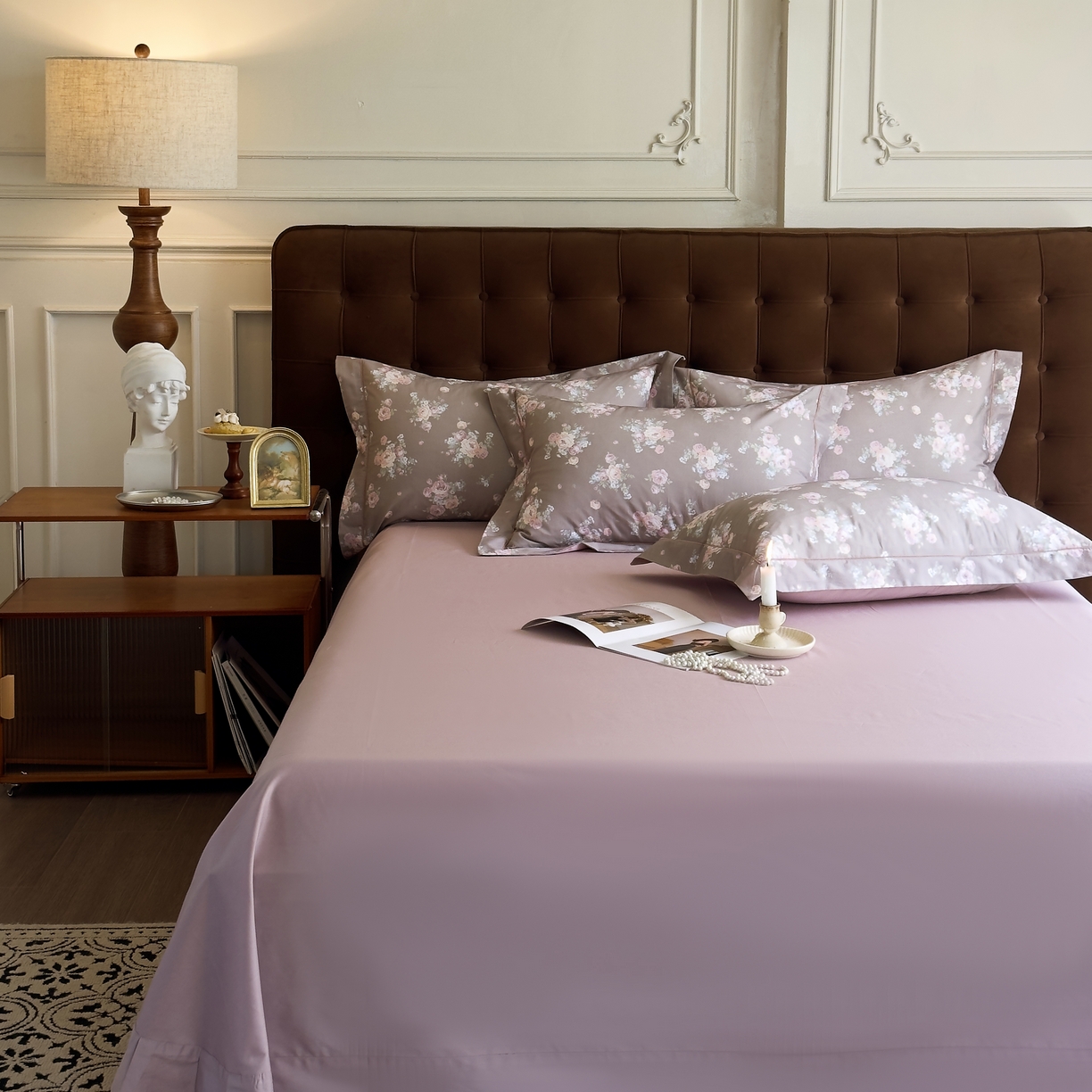 91家纺网 家纺一手货源 找家纺 由丽家纺 2025新款亲肤舒适全棉纯棉臻棉数码印花四件套系列 金溪-咖