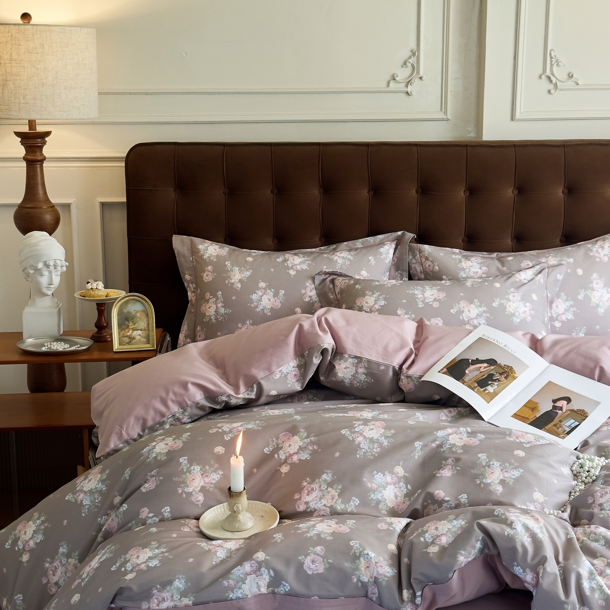 91家纺网 家纺一手货源 找家纺 由丽家纺 2025新款亲肤舒适全棉纯棉臻棉数码印花四件套系列 金溪-咖