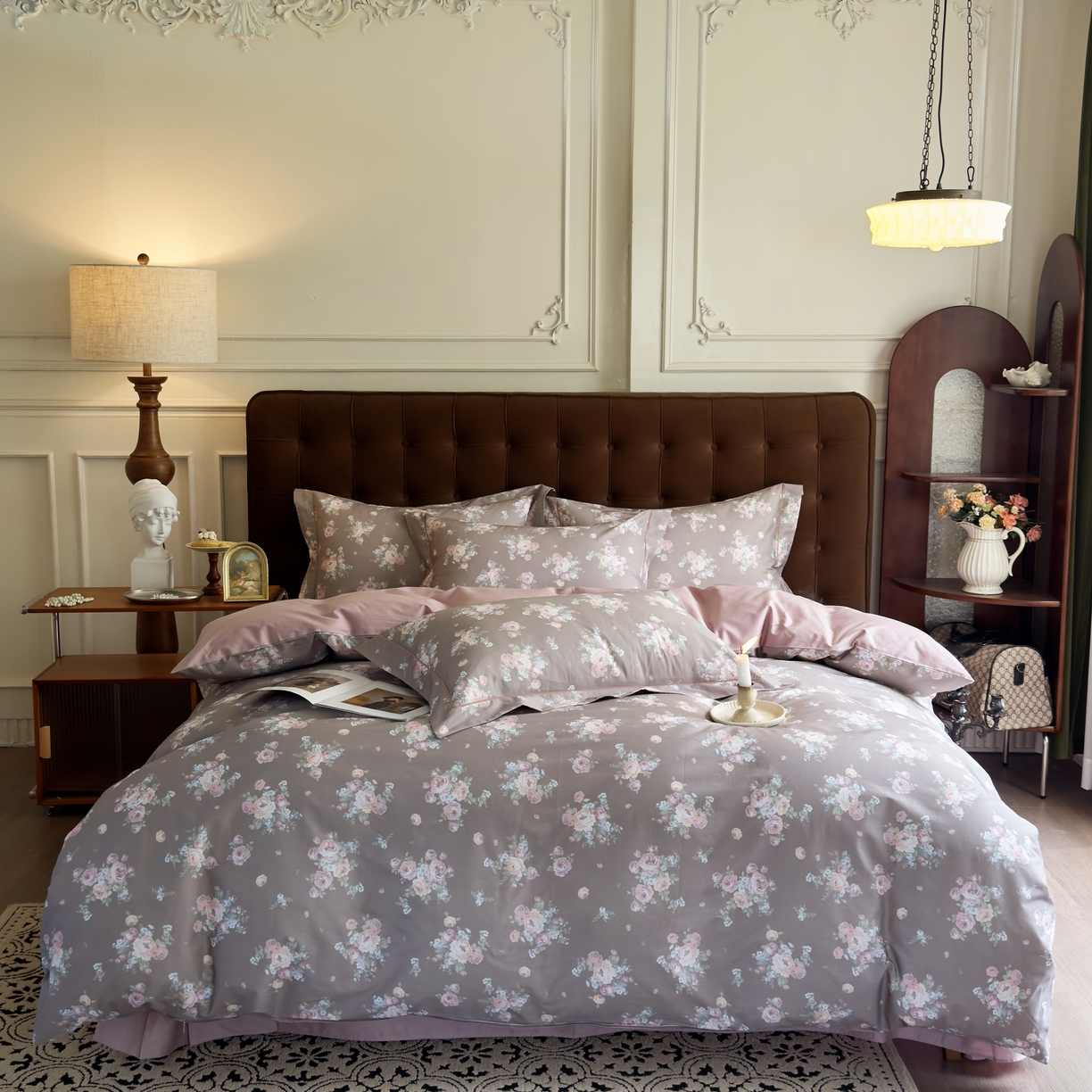 91家纺网 家纺一手货源 找家纺 由丽家纺 2025新款亲肤舒适全棉纯棉臻棉数码印花四件套系列 金溪-咖