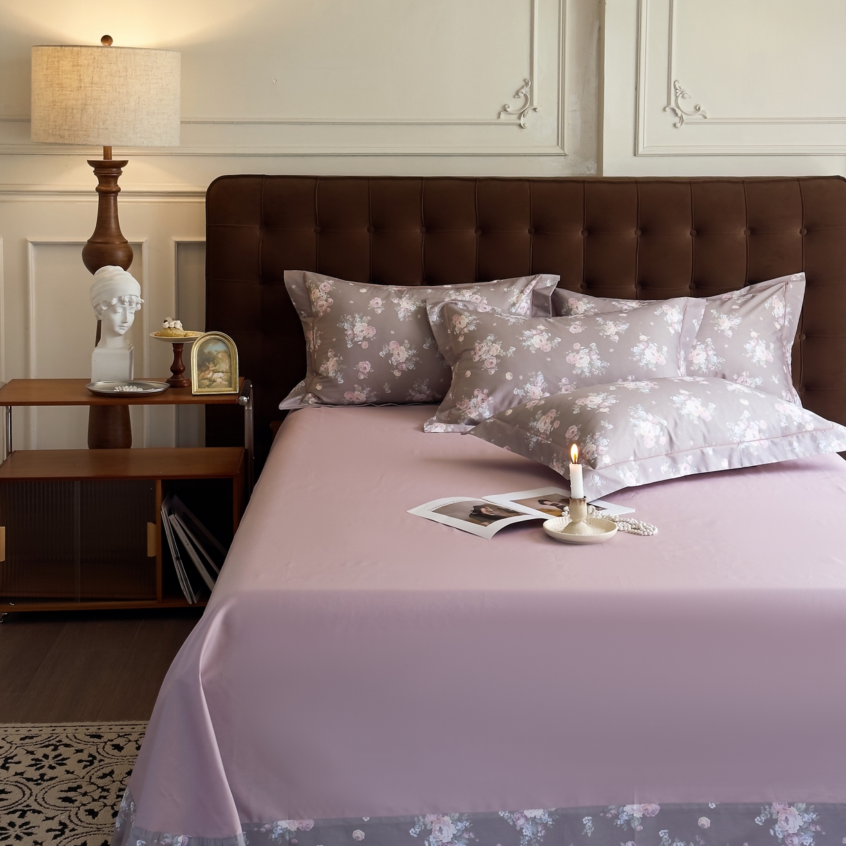 91家纺网 家纺一手货源 找家纺 由丽家纺 2025新款亲肤舒适全棉纯棉臻棉数码印花四件套系列 金溪-咖