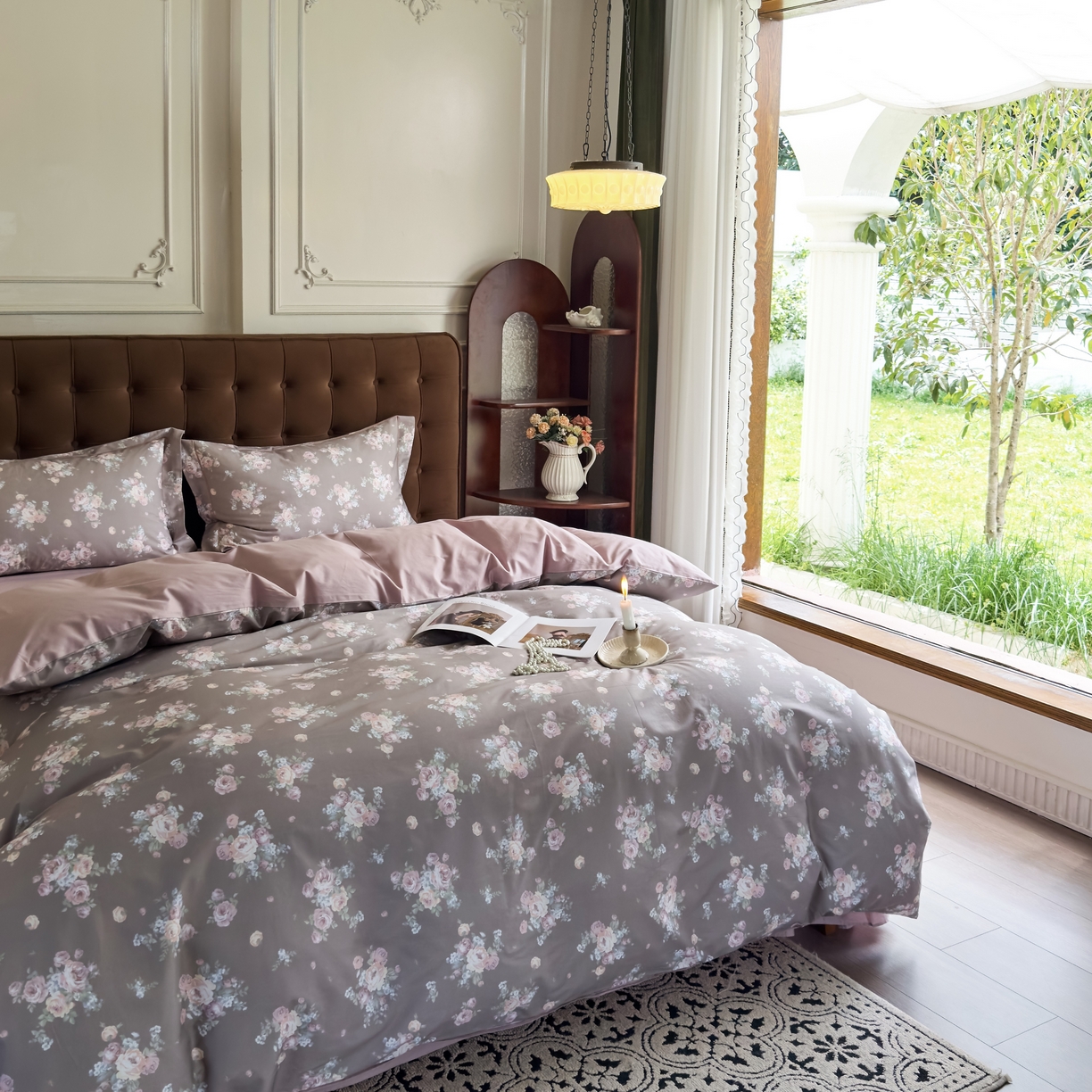 91家纺网 家纺一手货源 找家纺 由丽家纺 2025新款亲肤舒适全棉纯棉臻棉数码印花四件套系列 金溪-咖