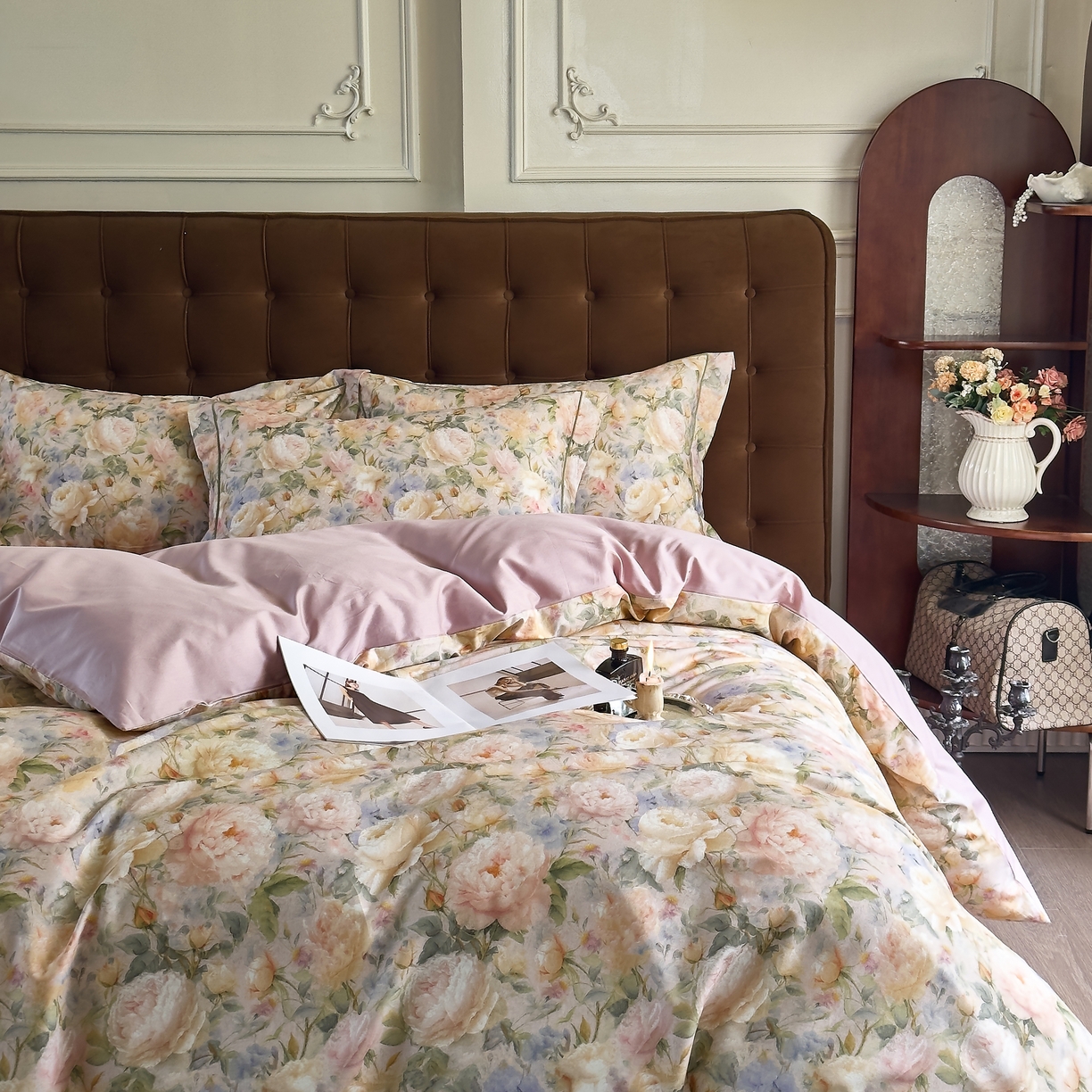 91家纺网 家纺一手货源 找家纺 由丽家纺 2025新款亲肤舒适全棉纯棉臻棉数码印花四件套系列 野玫瑰-紫