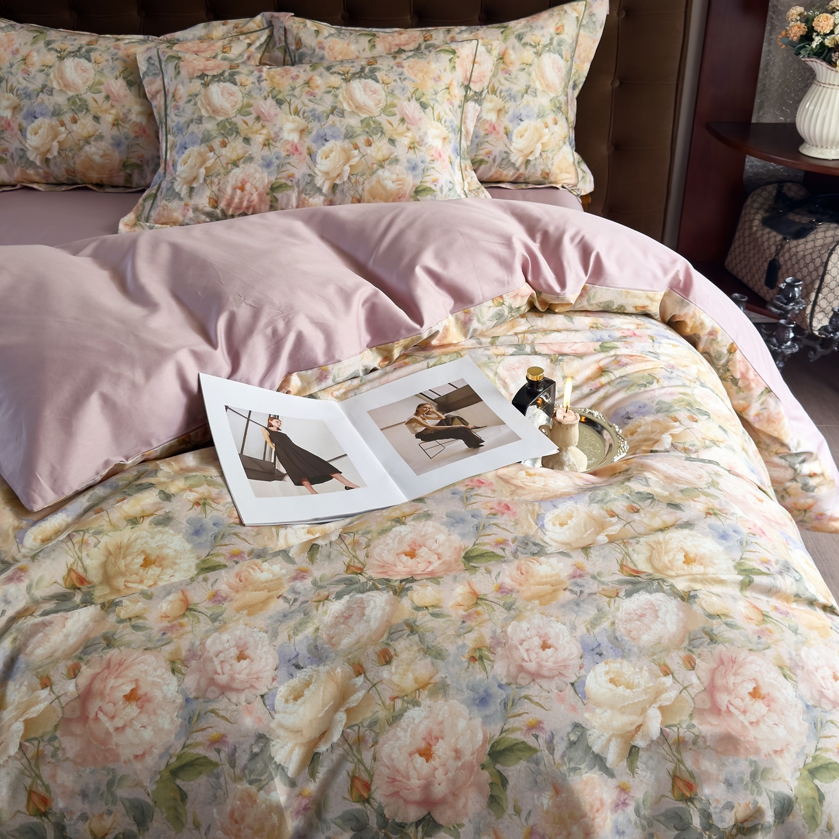 91家纺网 家纺一手货源 找家纺 由丽家纺 2025新款亲肤舒适全棉纯棉臻棉数码印花四件套系列 野玫瑰-紫