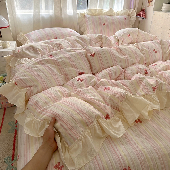 91家纺网 家纺一手货源 找家纺 美梦家纺2025新款皱皱纱花边被套床盖四件套 遇见彩虹