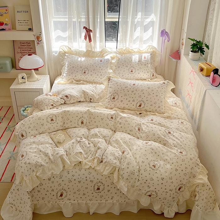 91家纺网 家纺一手货源 找家纺 美梦家纺2025新款皱皱纱花边被套床盖四件套 彼得小兔