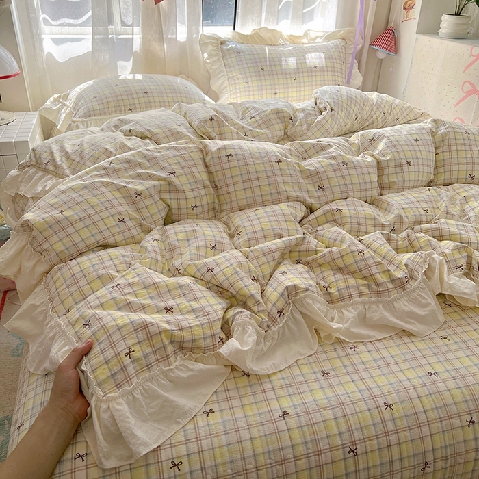 美梦家纺2025新款皱皱纱花边被套床盖四件套 格调蝴蝶结