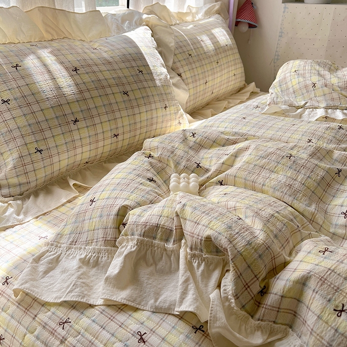 91家纺网 家纺一手货源 找家纺 美梦家纺2025新款皱皱纱花边被套床盖四件套 格调蝴蝶结