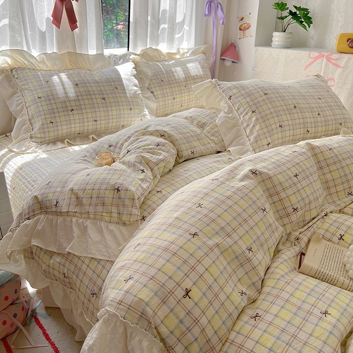 91家纺网 家纺一手货源 找家纺 美梦家纺2025新款皱皱纱花边被套床盖四件套 格调蝴蝶结