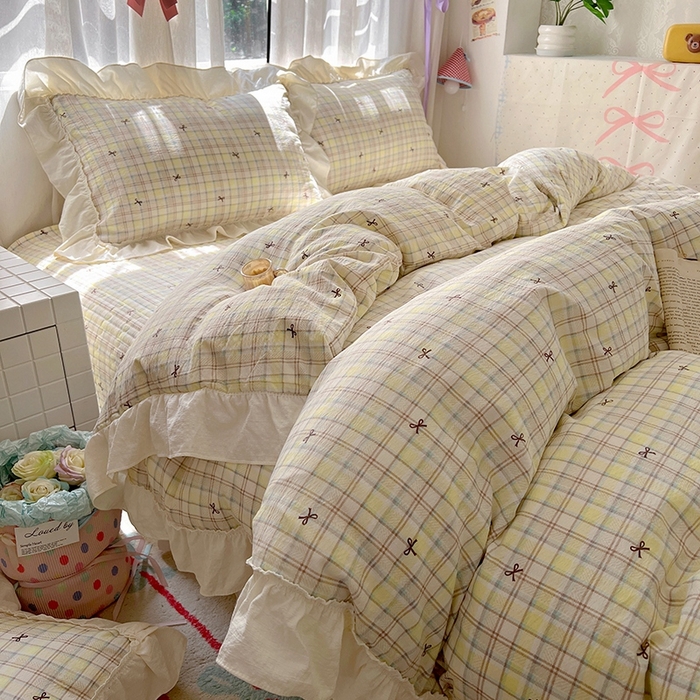 91家纺网 家纺一手货源 找家纺 美梦家纺2025新款皱皱纱花边被套床盖四件套 格调蝴蝶结