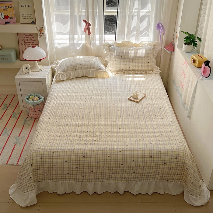 91家纺网 家纺一手货源 找家纺 美梦家纺2025新款皱皱纱花边被套床盖四件套 格调蝴蝶结