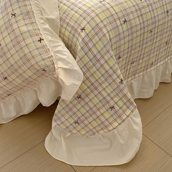 91家纺网 家纺一手货源 找家纺 美梦家纺2025新款皱皱纱花边被套床盖四件套 格调蝴蝶结