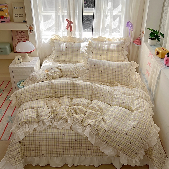 91家纺网 家纺一手货源 找家纺 美梦家纺2025新款皱皱纱花边被套床盖四件套 格调蝴蝶结