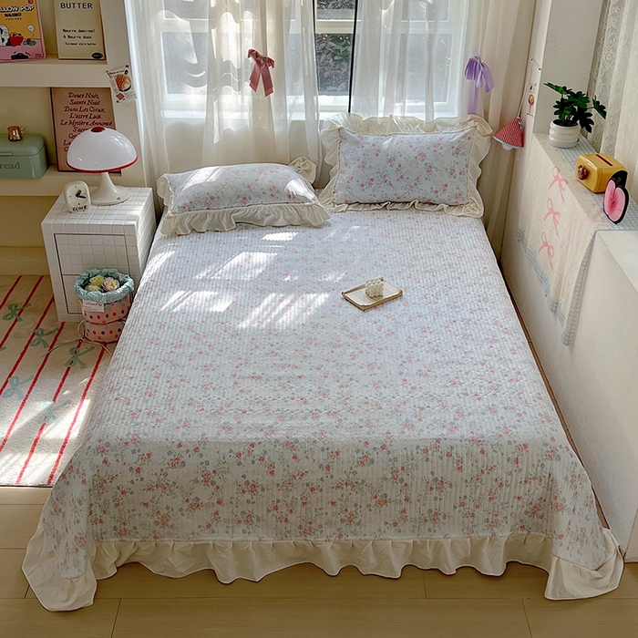 91家纺网 家纺一手货源 找家纺 美梦家纺2025新款皱皱纱花边被套床盖四件套 花间露语