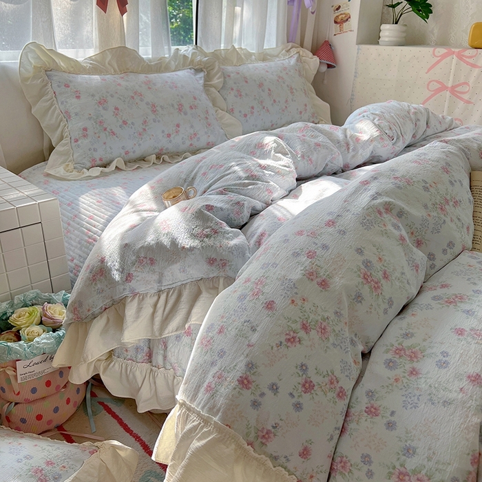 91家纺网 家纺一手货源 找家纺 美梦家纺2025新款皱皱纱花边被套床盖四件套 花间露语