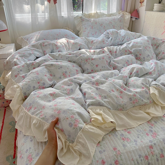 美梦家纺2025新款皱皱纱花边被套床盖四件套 花间露语