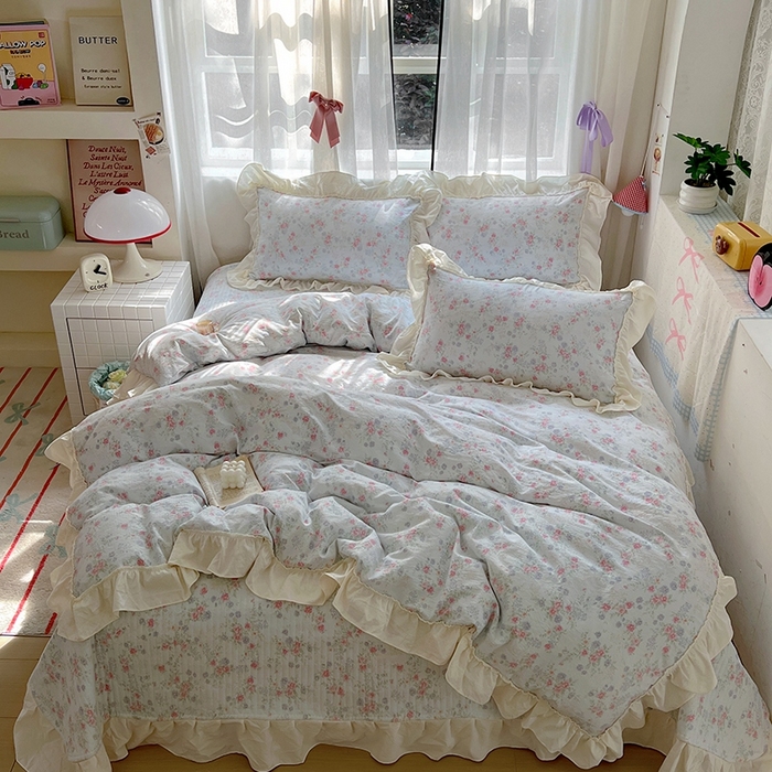 91家纺网 家纺一手货源 找家纺 美梦家纺2025新款皱皱纱花边被套床盖四件套 花间露语