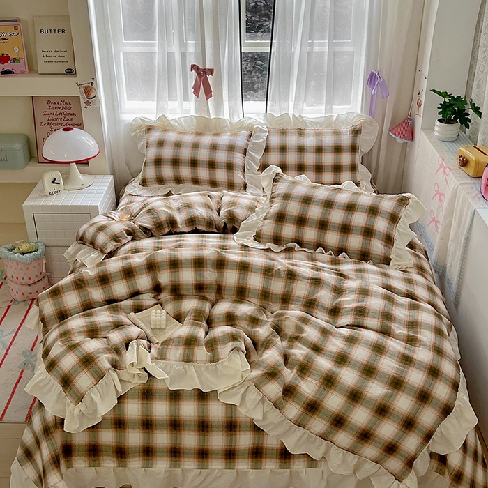 91家纺网 家纺一手货源 找家纺 美梦家纺2025新款皱皱纱花边被套床盖四件套 葵野