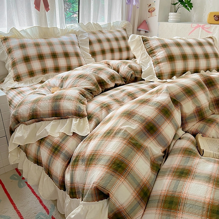 91家纺网 家纺一手货源 找家纺 美梦家纺2025新款皱皱纱花边被套床盖四件套 葵野