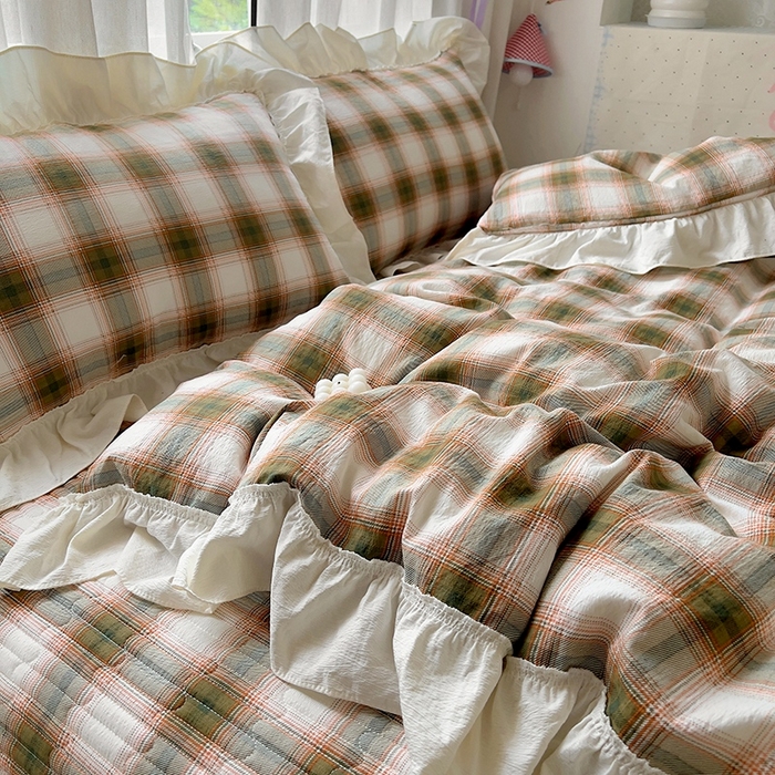 91家纺网 家纺一手货源 找家纺 美梦家纺2025新款皱皱纱花边被套床盖四件套 葵野