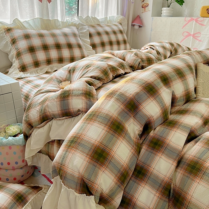 91家纺网 家纺一手货源 找家纺 美梦家纺2025新款皱皱纱花边被套床盖四件套 葵野