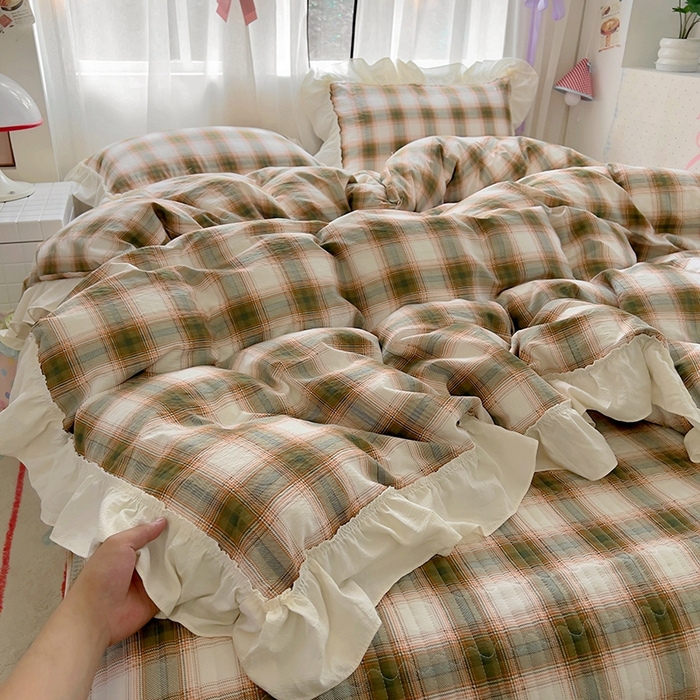 91家纺网 家纺一手货源 找家纺 美梦家纺2025新款皱皱纱花边被套床盖四件套 葵野