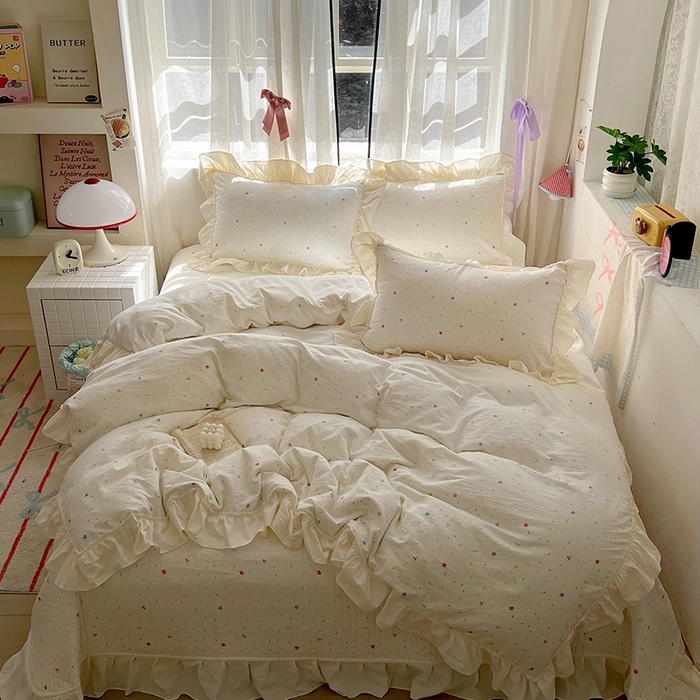 91家纺网 家纺一手货源 找家纺 美梦家纺2025新款皱皱纱花边被套床盖四件套 蜡笔画