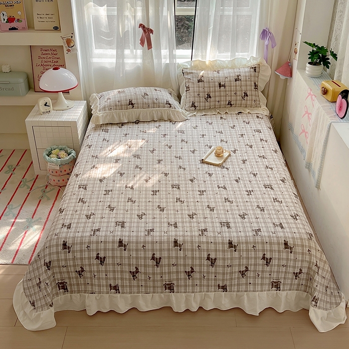 91家纺网 家纺一手货源 找家纺 美梦家纺2025新款皱皱纱花边被套床盖四件套 巧克力狗狗