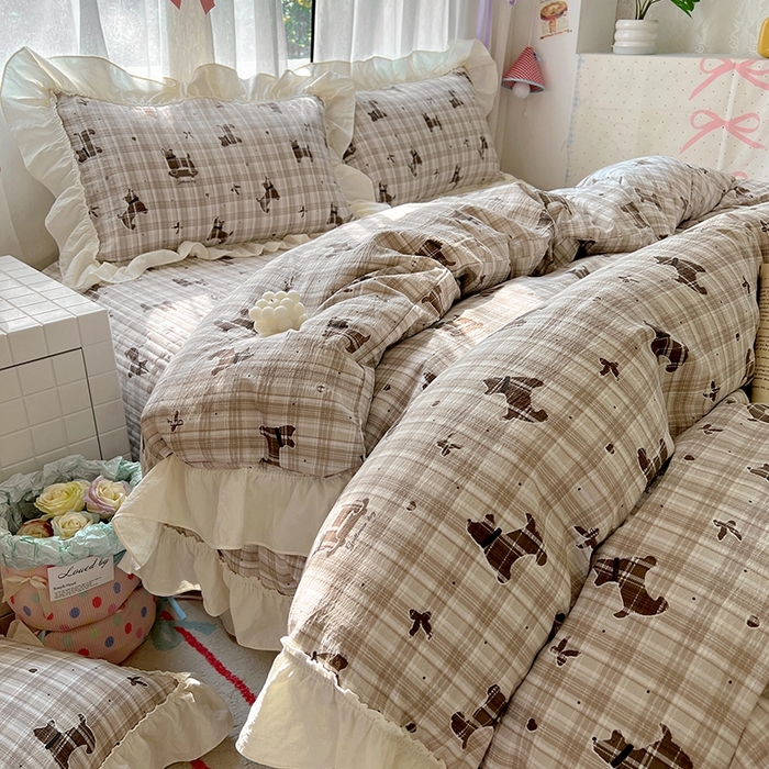 91家纺网 家纺一手货源 找家纺 美梦家纺2025新款皱皱纱花边被套床盖四件套 巧克力狗狗