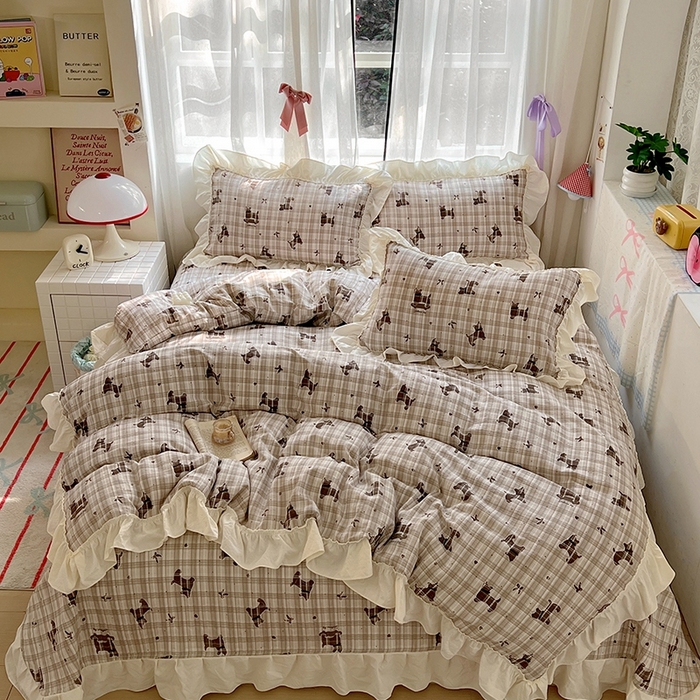 91家纺网 家纺一手货源 找家纺 美梦家纺2025新款皱皱纱花边被套床盖四件套 巧克力狗狗