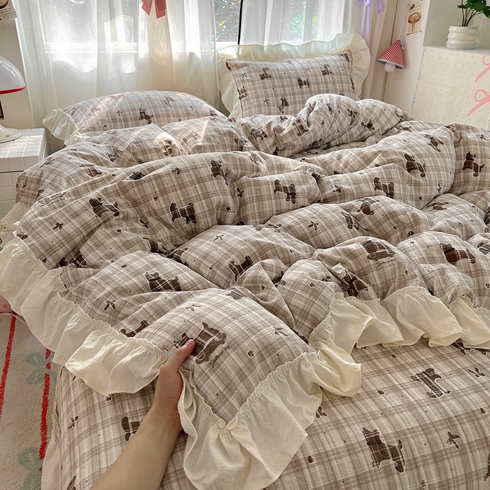 美梦家纺2025新款皱皱纱花边被套床盖四件套 巧克力狗狗