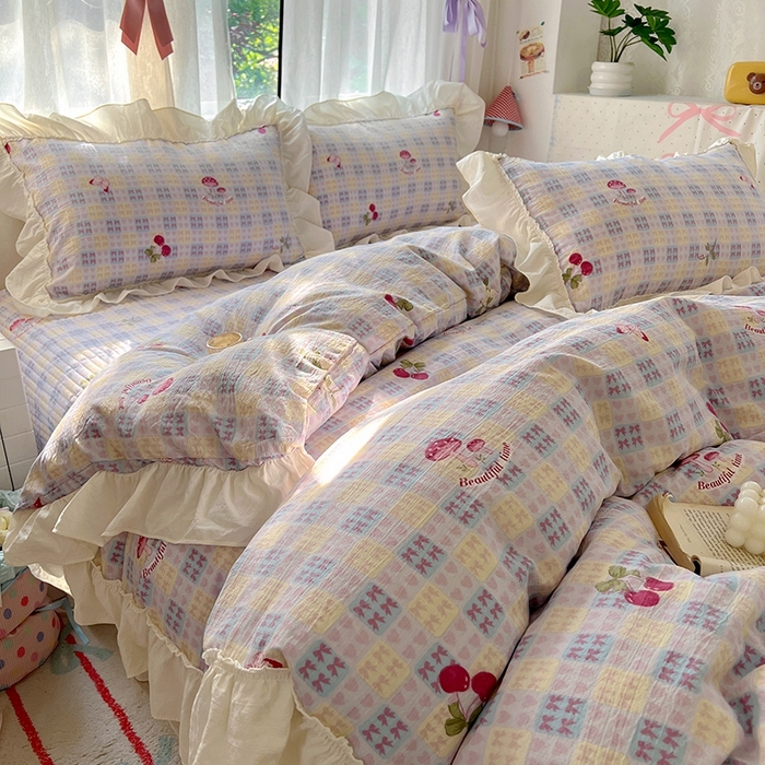 91家纺网 家纺一手货源 找家纺 美梦家纺2025新款皱皱纱花边被套床盖四件套 森田园野