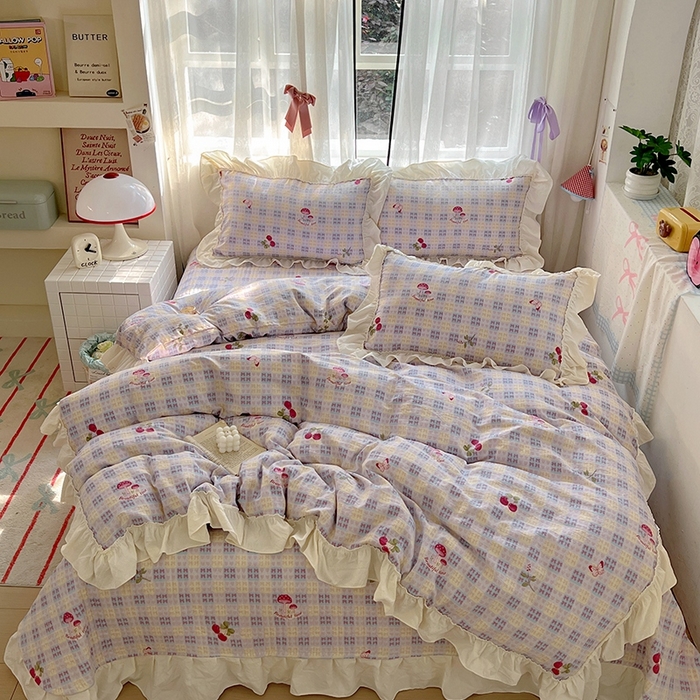 91家纺网 家纺一手货源 找家纺 美梦家纺2025新款皱皱纱花边被套床盖四件套 森田园野