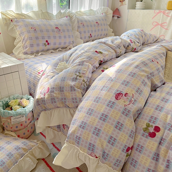 91家纺网 家纺一手货源 找家纺 美梦家纺2025新款皱皱纱花边被套床盖四件套 森田园野