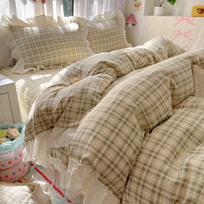 91家纺网 家纺一手货源 找家纺 美梦家纺2025新款皱皱纱花边被套床盖四件套 松野