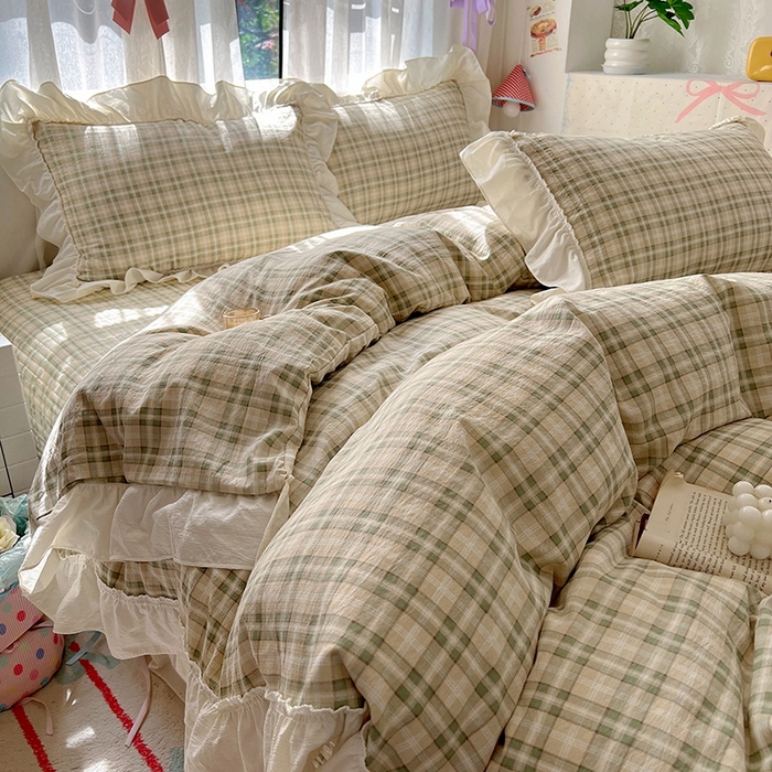 91家纺网 家纺一手货源 找家纺 美梦家纺2025新款皱皱纱花边被套床盖四件套 松野