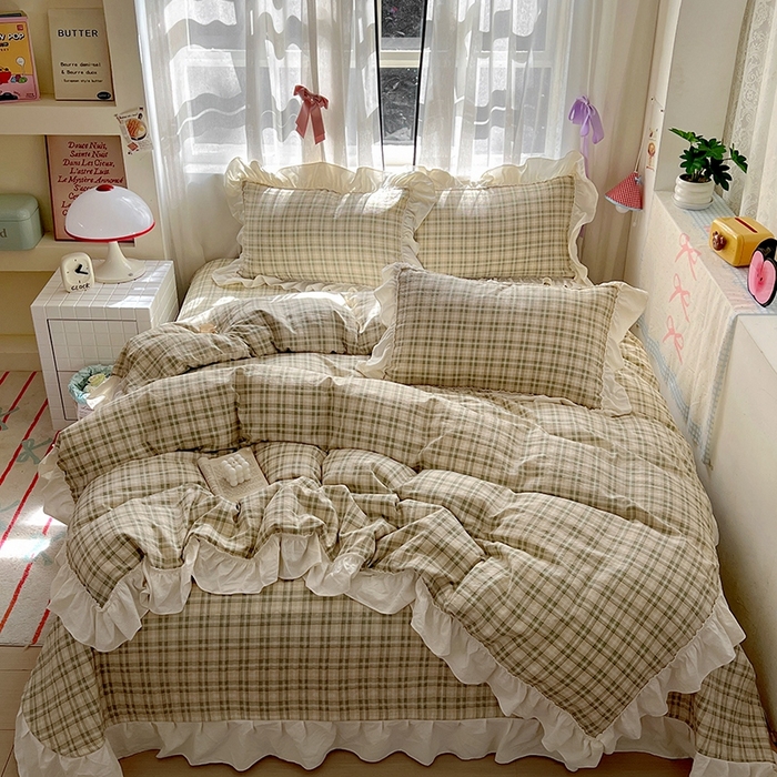 91家纺网 家纺一手货源 找家纺 美梦家纺2025新款皱皱纱花边被套床盖四件套 松野