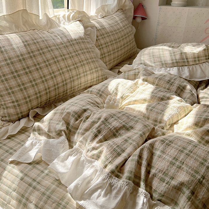 91家纺网 家纺一手货源 找家纺 美梦家纺2025新款皱皱纱花边被套床盖四件套 松野