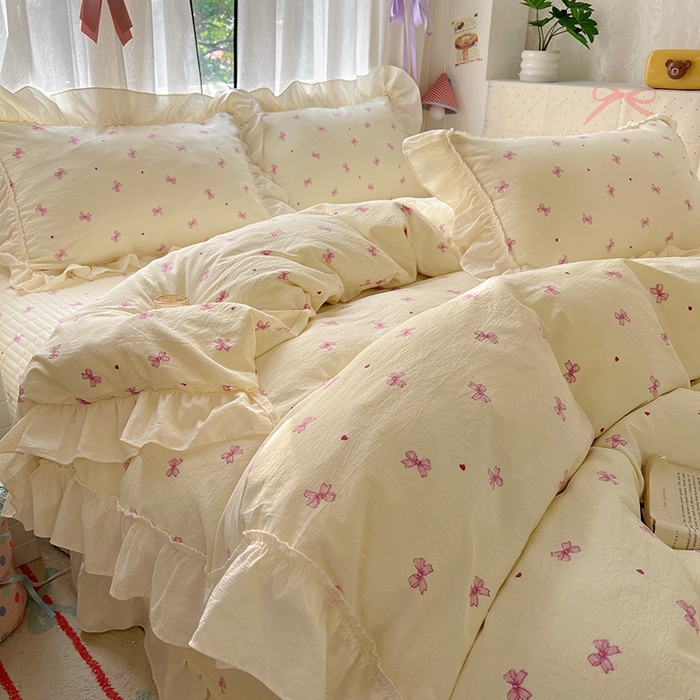 91家纺网 家纺一手货源 找家纺 美梦家纺2025新款皱皱纱花边被套床盖四件套 相思粉