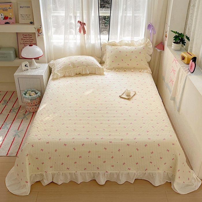 91家纺网 家纺一手货源 找家纺 美梦家纺2025新款皱皱纱花边被套床盖四件套 相思粉