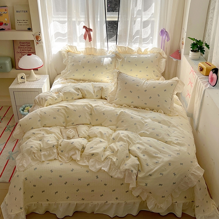 91家纺网 家纺一手货源 找家纺 美梦家纺2025新款皱皱纱花边被套床盖四件套 相思兰