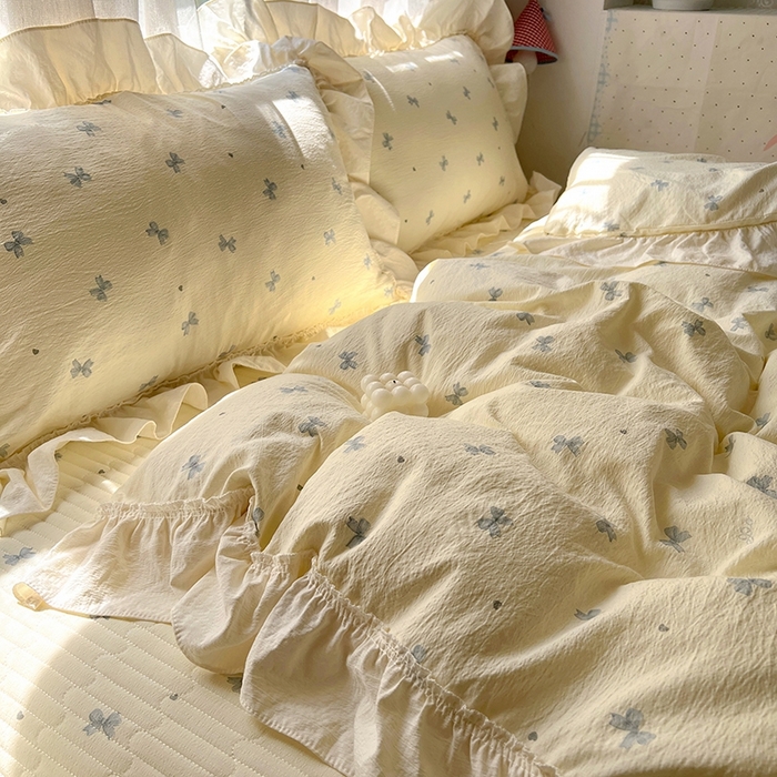 91家纺网 家纺一手货源 找家纺 美梦家纺2025新款皱皱纱花边被套床盖四件套 相思兰