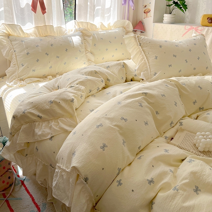 91家纺网 家纺一手货源 找家纺 美梦家纺2025新款皱皱纱花边被套床盖四件套 相思兰