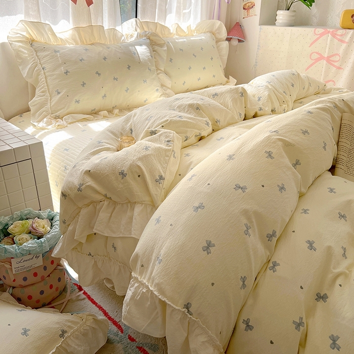 91家纺网 家纺一手货源 找家纺 美梦家纺2025新款皱皱纱花边被套床盖四件套 相思兰