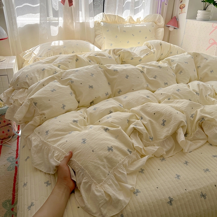 美梦家纺2025新款皱皱纱花边被套床盖四件套 相思兰