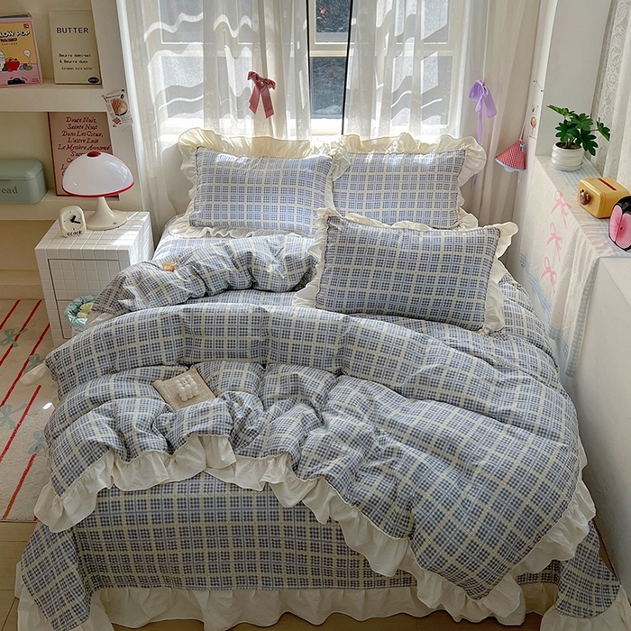 91家纺网 家纺一手货源 找家纺 美梦家纺2025新款皱皱纱花边被套床盖四件套 银河