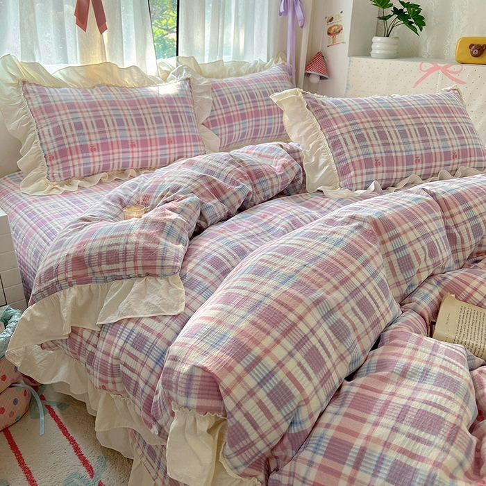 91家纺网 家纺一手货源 找家纺 美梦家纺2025新款皱皱纱花边被套床盖四件套 樱桃格格