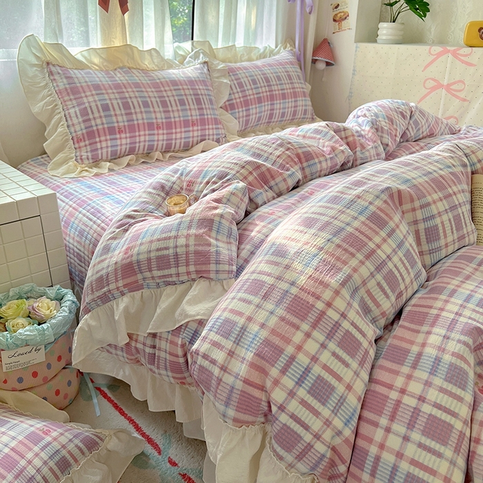 91家纺网 家纺一手货源 找家纺 美梦家纺2025新款皱皱纱花边被套床盖四件套 樱桃格格