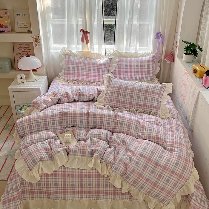 91家纺网 家纺一手货源 找家纺 美梦家纺2025新款皱皱纱花边被套床盖四件套 樱桃格格