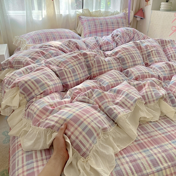 美梦家纺2025新款皱皱纱花边被套床盖四件套 樱桃格格